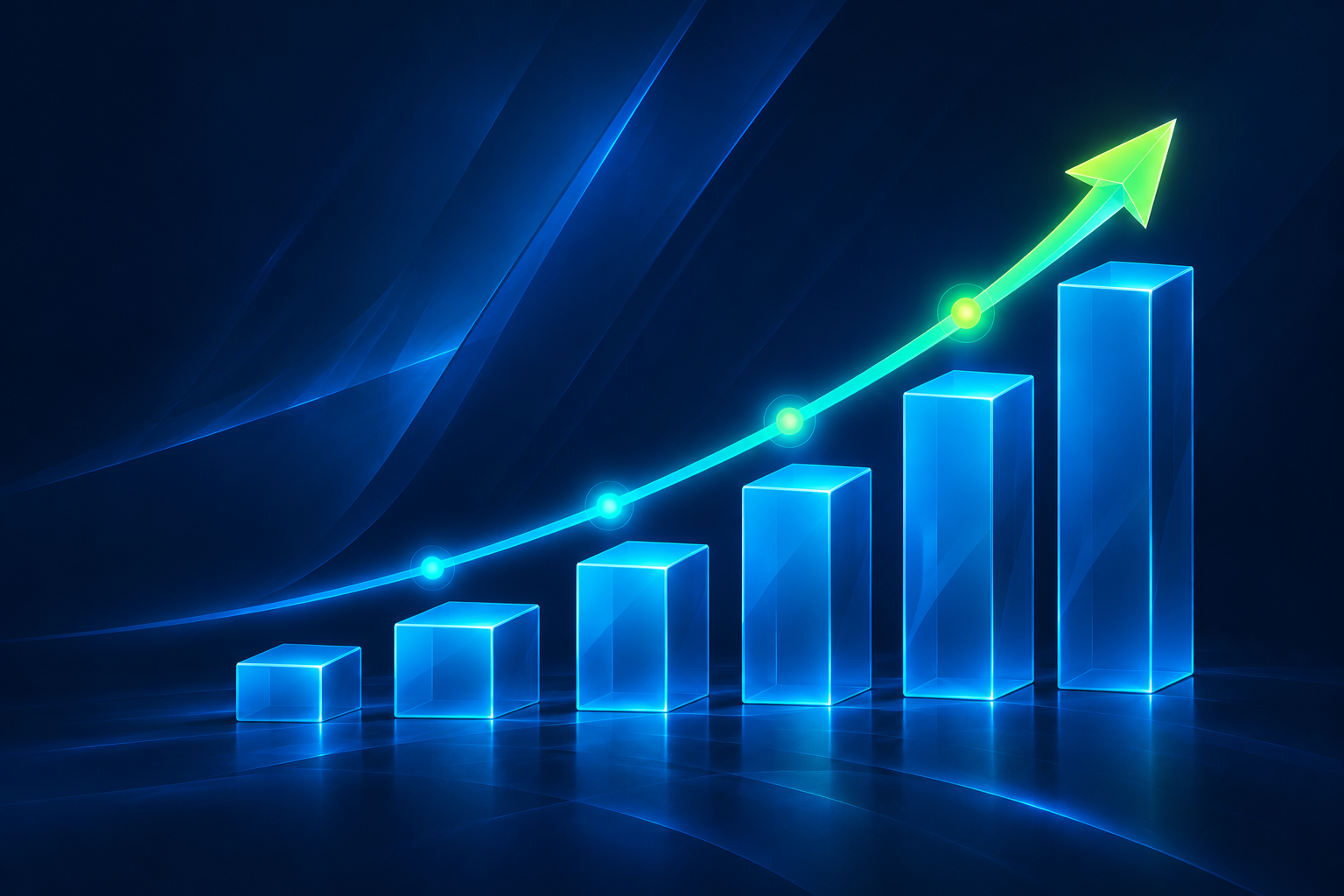 Illustrative rising blue bars and growth arrow