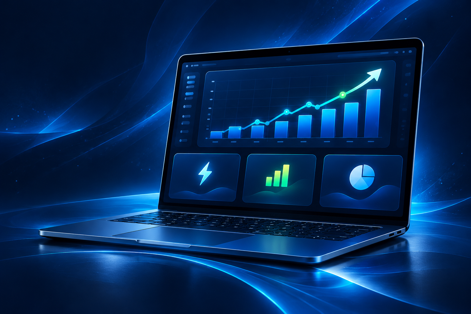 Illustrative laptop displaying blue analytics charts